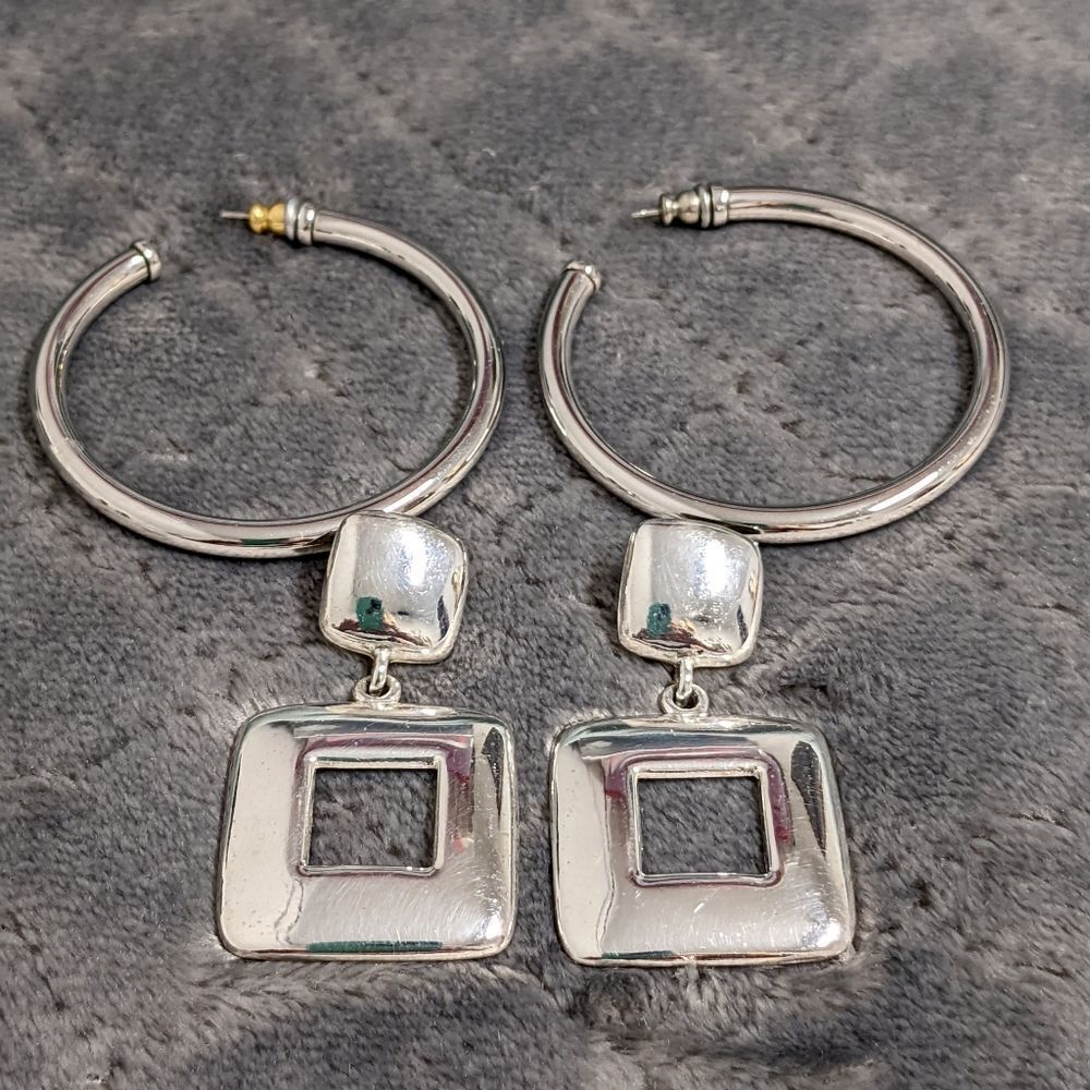 Vintage Bundle Silvertone Hoop & Square Earrings - 2 pair Bundle